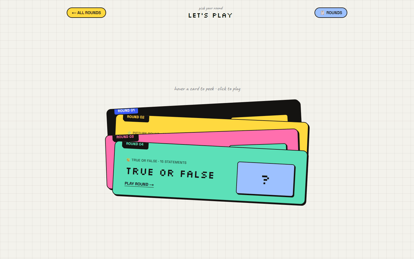 Four round cards stacked and slightly tilted, with the True or False card on top