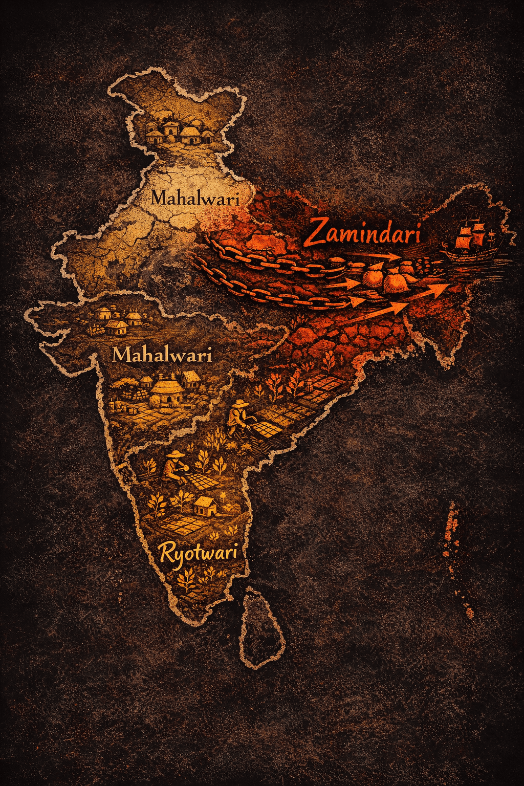 map of India showing colonial land tenure systems, Zamindari in the North and East, Ryotwari in the South and West
