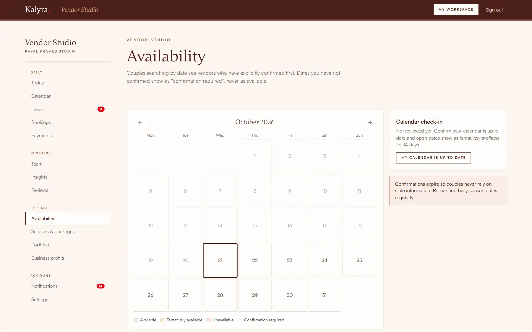 The Vendor Studio availability calendar with a calendar check-in card