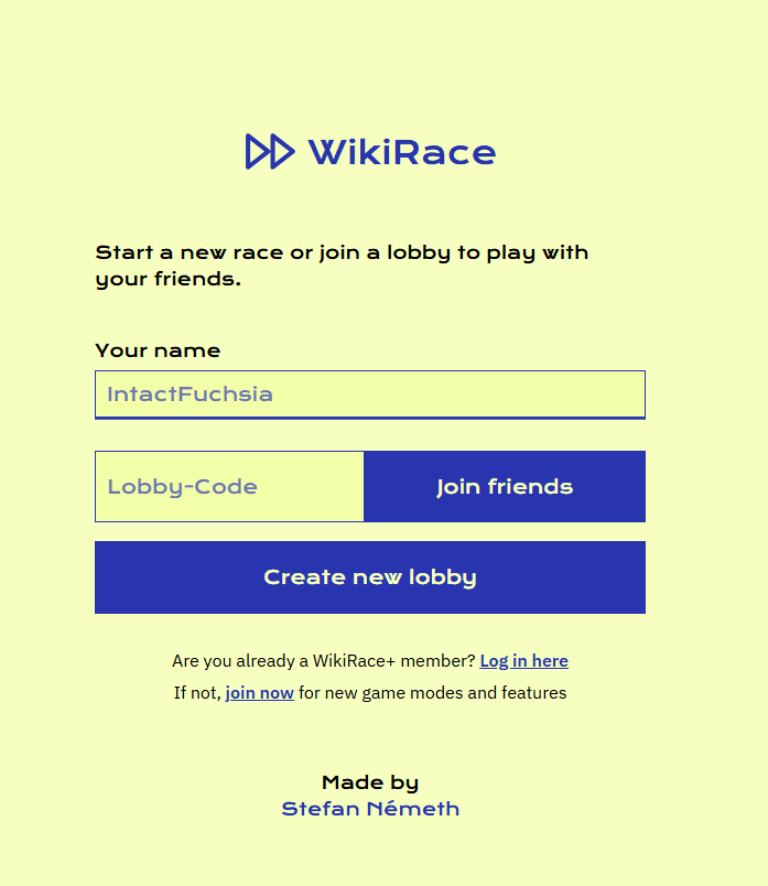 Screenshot of the wiki-race.com website interface for racing between Wikipedia articles