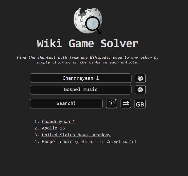 Screenshot of the wiki.spaceface.dev website showing computed shortest routes between two Wikipedia articles