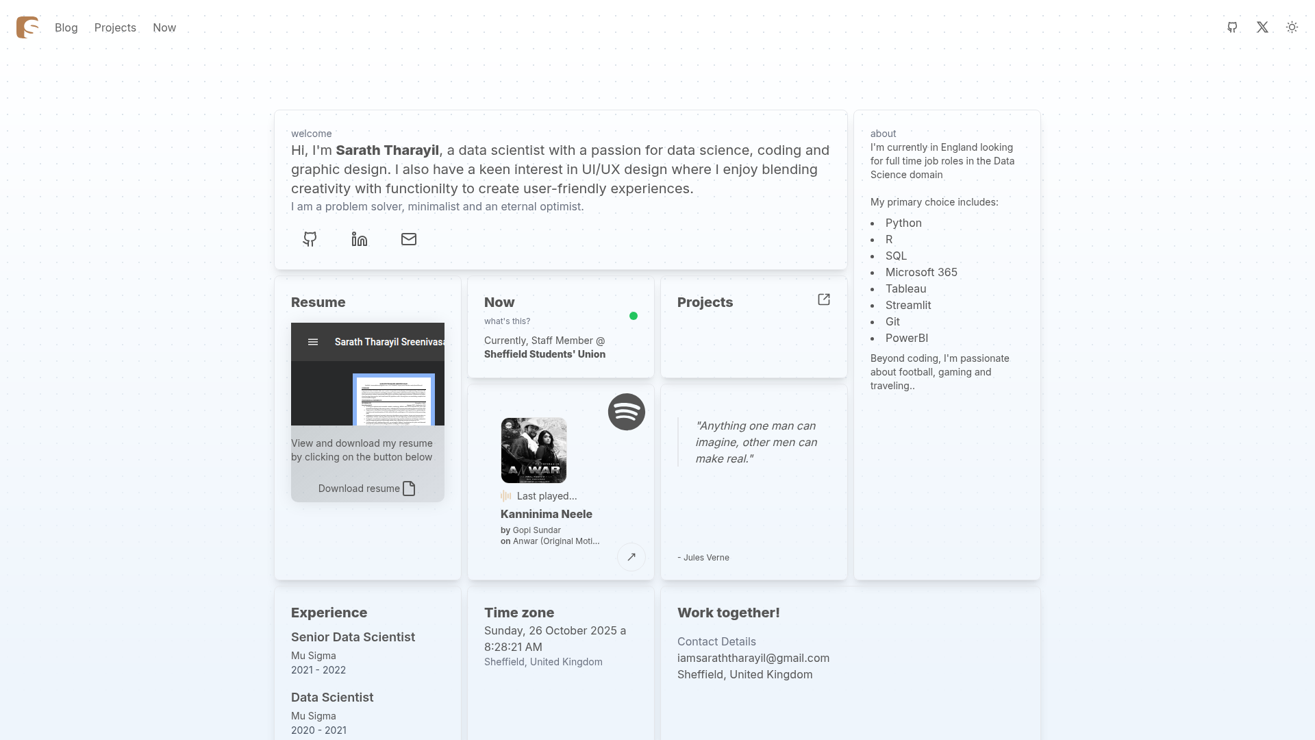 Dashboard-style version with Now, Projects, and contact sections