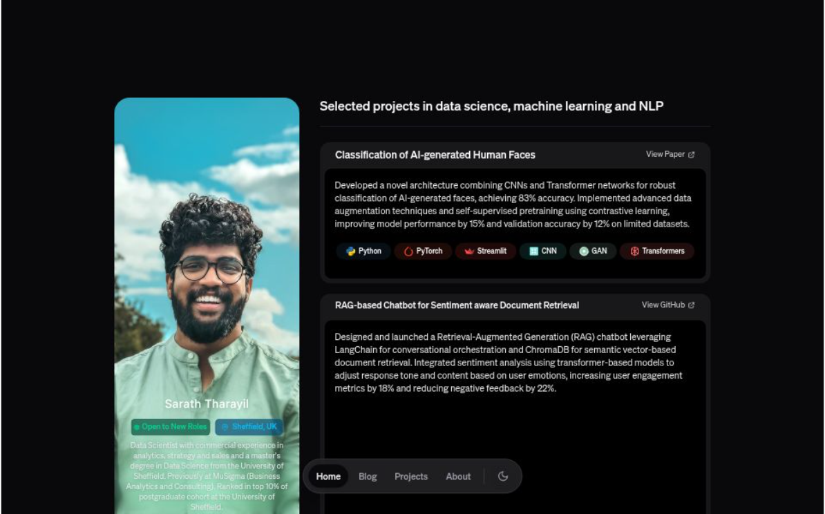 Dark portfolio template with project cards