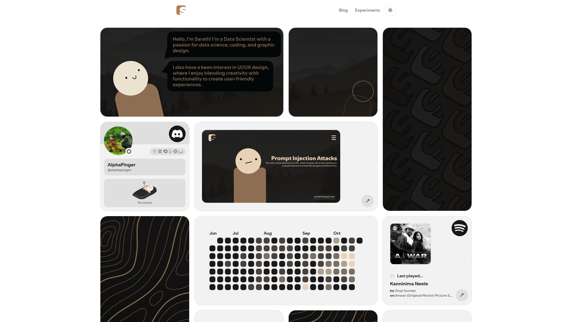 Dark experimental bento grid with GitHub, Spotify, and Discord widgets